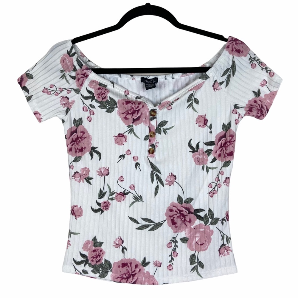 RUE 21 Crop Top Size M White & Pink Floral